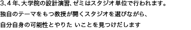 3年生以降の設計演習とゼミはスタジオ単位で行われます。
                独自のテーマをもつ７人の教授が開くスタジオを選びながら、
                自分自身の可能性とやりたいことを見つけだします。