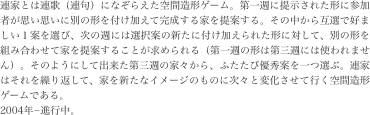 連家とは連歌（連句）になぞらえた空間造形ゲーム。第一週に提示された形に参加者が思い思いに別の形を付け加えて完成する家を提案する。その中から互選で好ましい１案を選び、次の週には選択案の新たに付け加えられた形に対して、別の形を組み合わせて家を提案することが求められる（第一週の形は第三週には使われません）。そのようにして出来た第三週の家々から、ふたたび優秀案を一つ選ぶ。連家はそれを繰り返して、家を新たなイメージのものに次々と変化させて行く空間造形ゲームである。