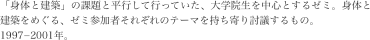 「身体と建築」の課題と平行して行っていた、大学院生を中心とするゼミ。身体と建築をめぐる、ゼミ参加者それぞれのテーマを持ち寄り討議するもの。