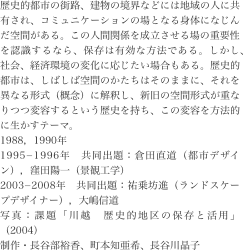 歴史的都市の街路、建物の境界などには地域の人に共有され、コミュニケーションの場となる身体になじんだ空間がある。この人間関係を成立させる場の重要性を認識するなら、保存は有効な方法である。しかし、社会、経済環境の変化に応じたい場合もある。歴史的都市は、しばしば空間のかたちはそのままに、それを異なる形式（概念）に解釈し、新旧の空間形式が重なりつつ変容するという歴史を持ち、この変容を方法的に生かすテーマ。