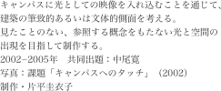 キャンパスに光としての映像を入れ込むことを通じて、建築の筆致的あるいは文体的側面を考える。